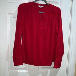 Calvin Klein red split neck long sleeve top Sz L petite button turn back cuffs